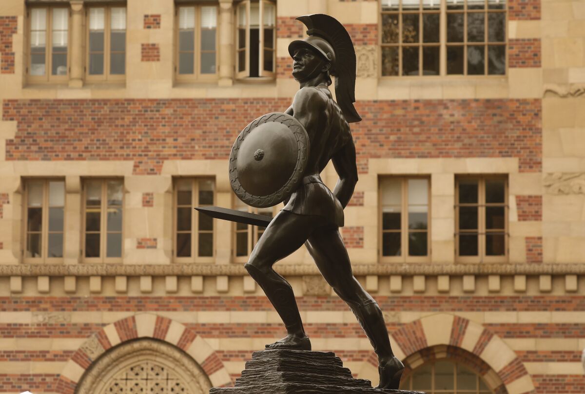 The Trojan Statue at the center of the USC campus Monday for the first day of in-person classes. 