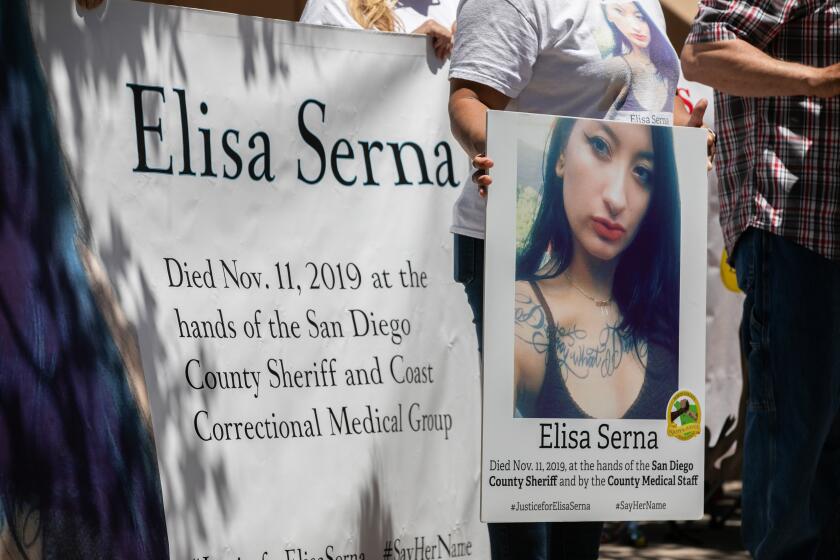 El Cajon, CA - June 26: Family members and supporters of Elisa Serna rally before the preliminary hearing for the doctor and the nurse accused of neglecting Serna, who died while in custody at the Las Colinas Detention Center in 2019 at East County Superior Court in El Cajon, CA on Monday, June 26, 2023. (Adriana Heldiz / The San Diego Union-Tribune)