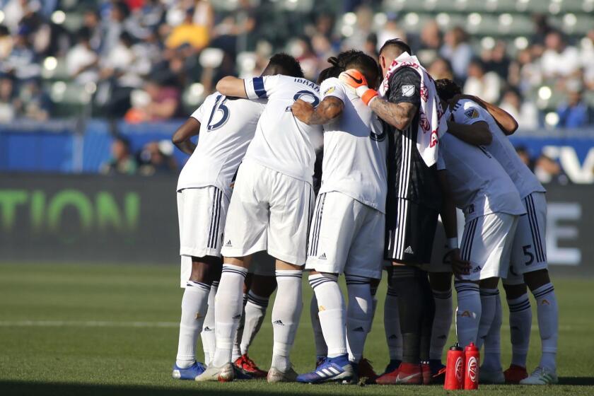 CARSON, CALIFORNIA - APRIL 28: The Los Angeles Galaxy huddle befoe the start of a game against the Real Salt Lake at Dignity Health Sports Park on April 28, 2019 in Carson, California. (Photo by Katharine Lotze/Getty Images) ** OUTS - ELSENT, FPG, CM - OUTS * NM, PH, VA if sourced by CT, LA or MoD **
