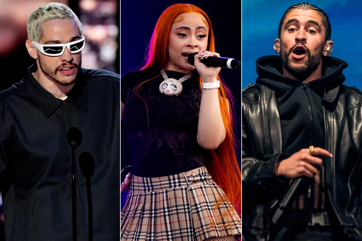 Three separate photos of Pete Davidson, Ice Spice and Bad Bunny
