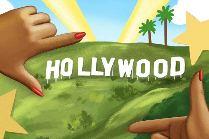 Illustration shows a woman framing the Hollywood sign with her fingers