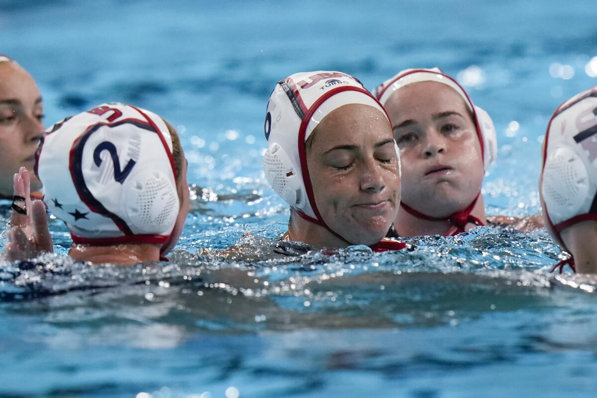 U.S. players react after losing to the Netherlands in the bronze-medal game at the Paris Olympics on Saturday.