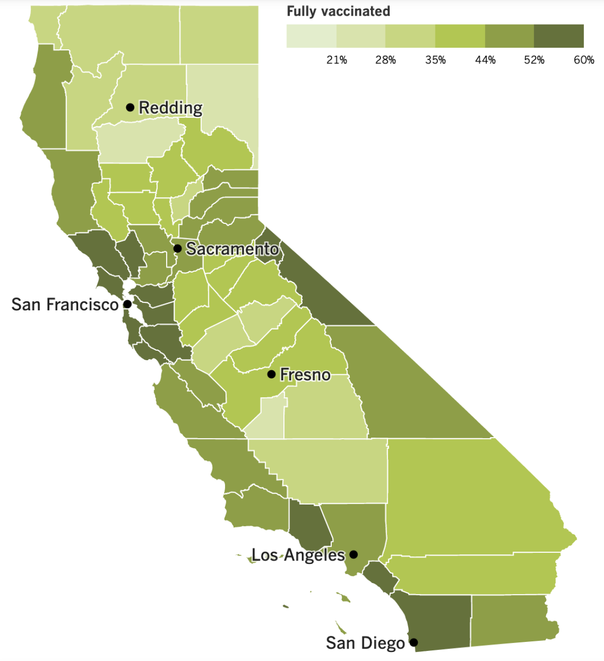 A California map showing vaccination rate by county.