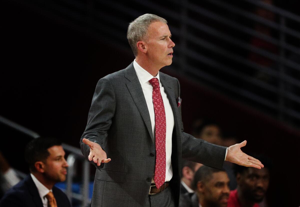 USC head coach Andy Enfield questions a call against South Dakota State at the Galen Center on Nov. 12.
