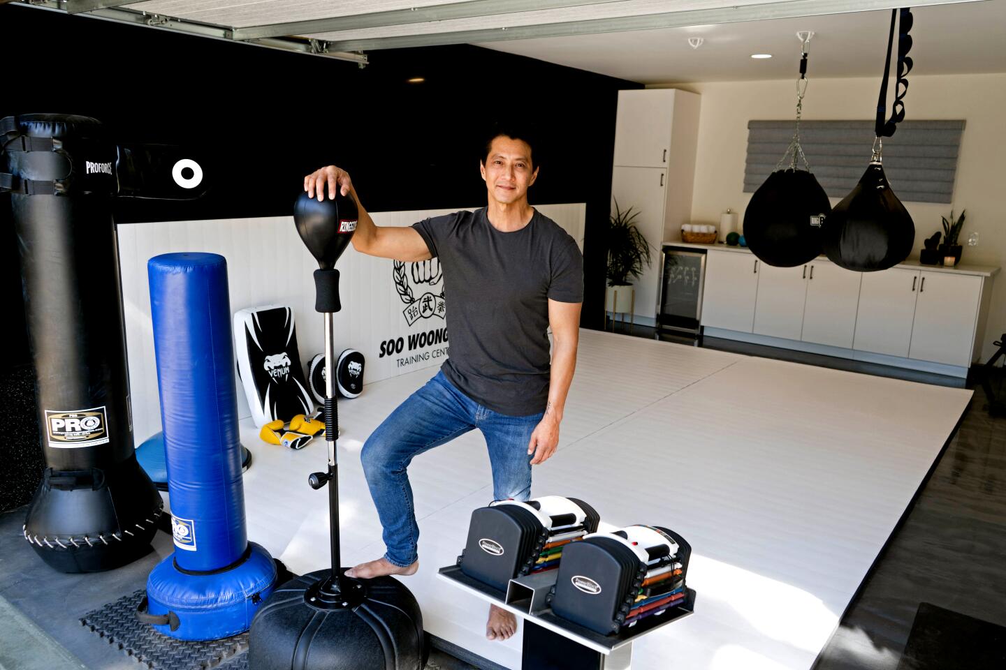 Actor and martial artist Will Yun Lee in the favorite room, the gym, of his home on Jan. 31, 2020. (Jesse Goddard / For The Times)