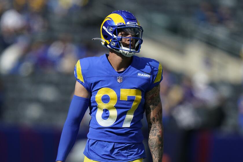 Los Angeles Rams' Jacob Harris before an NFL football game against the New York Giants, Sunday, Oct. 17, 2021, in East Rutherford, N.J. (AP Photo/Frank Franklin II)