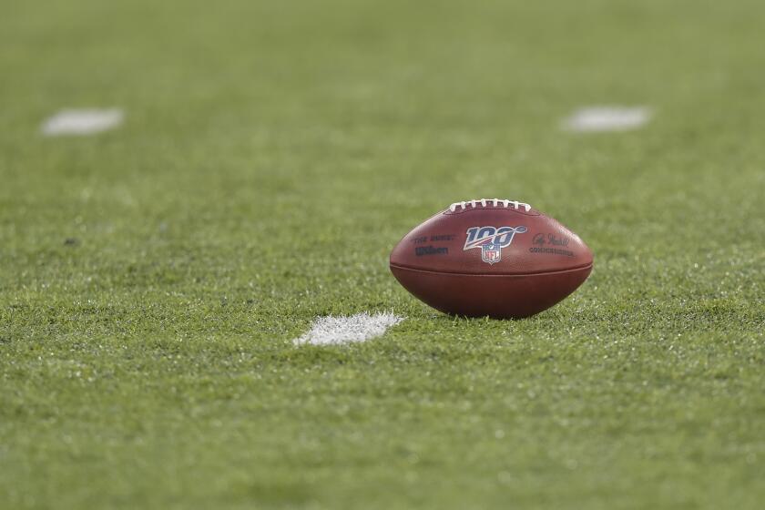 A general view of the game ball during the Pro Football Hall of Fame NFL preseason game between the Atlanta Falcons and the Denver Broncos, Thursday, Aug. 1, 2019, in Canton, Ohio. (AP Photo/David Richard)