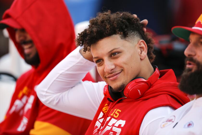 KANSAS CITY, MO - OCTOBER 27: Patrick Mahomes #15 of the Kansas City Chiefs sits on the player bench during player warmups prior to the game against the Green Bay Packers at Arrowhead Stadium on October 27, 2019 in Kansas City, Missouri. (Photo by David Eulitt/Getty Images)