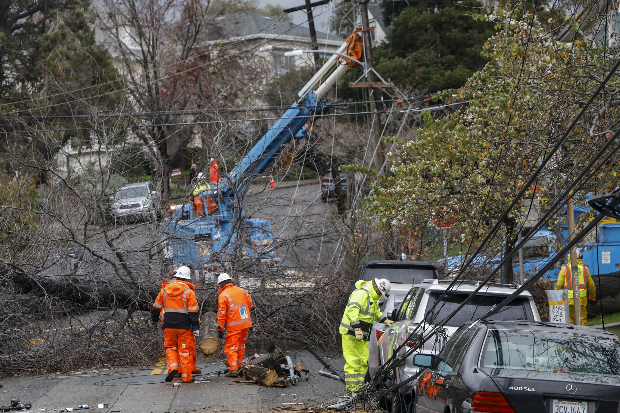 Utility workers clean up a tree that downed power lines in Oakland.