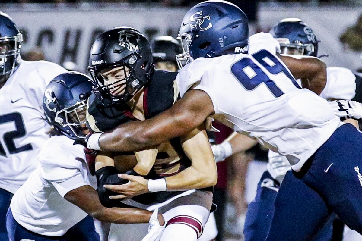 From defensive end Richard Wesley (99) of Sierra Canyon had three sacks against Oaks Christian.