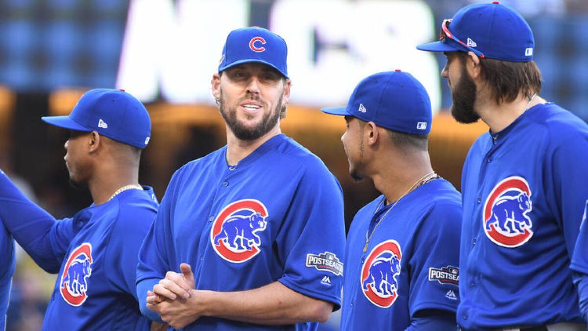 Chicago Cubs pitcher John Lackey (second from left).