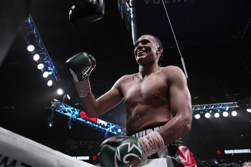 David Benavidez smiles after defeating Demetrius Andrade in a super middleweight boxing match Saturday, Nov. 25, 2023, in Las Vegas. (AP Photo/John Locher)