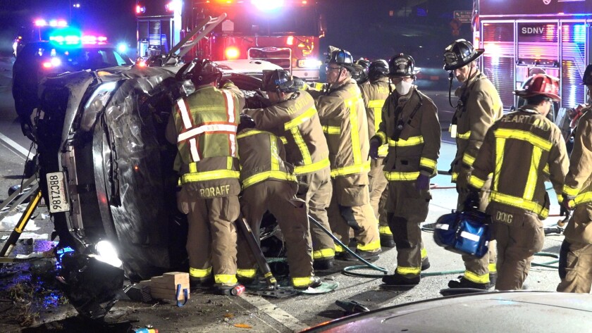 Two people were injured when an Uber was hit from behind and overturned shortly after midnight on eastbound Interstate 8 in La Mesa. The driver of the other vehicle was arrested on suspicion of DUI.