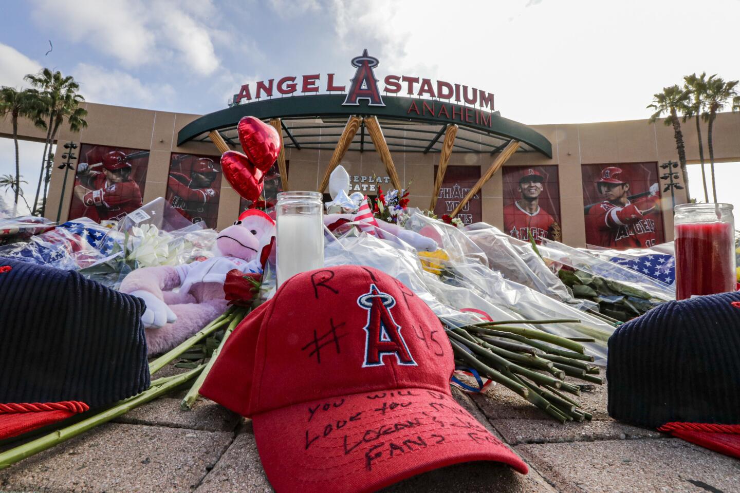 Fans create a makeshift memorial for Angels pitcher Tyler Skaggs at Angel Stadium in Anaheim.