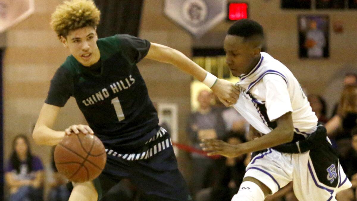 Chino Hills guard LaMelo Ball bring the ball up court against Rancho Cucamonga during a game Thursday night.