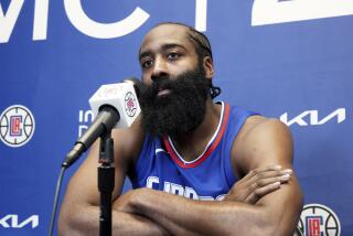James Harden answers reporters questions as he is introduced as the newest member.
