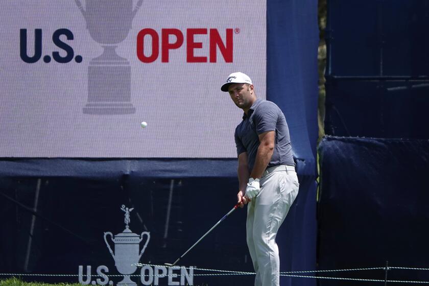 SAN DIEGO, CA - JUNE 15: Jon Rahm chips on the 8th hole of the Torrey Pines golf course during a practice round for the U.S. Open on Tuesday, June 15, 2021 in San Diego, CA. (K.C. Alfred / The San Diego Union-Tribune)