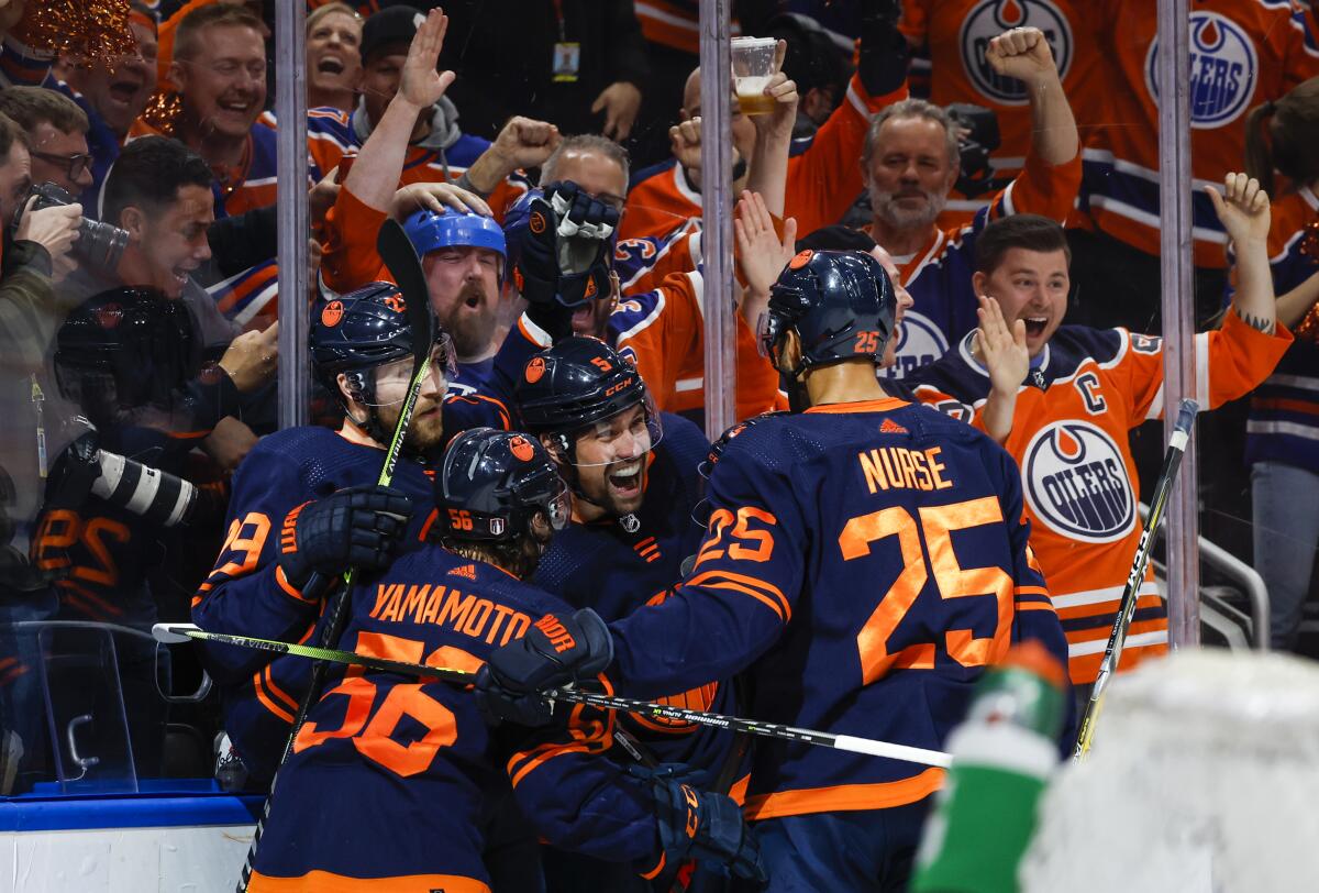 Edmonton Oilers defenseman Cody Ceci celebrates after scoring against the Kings in the second period of Game 7.
