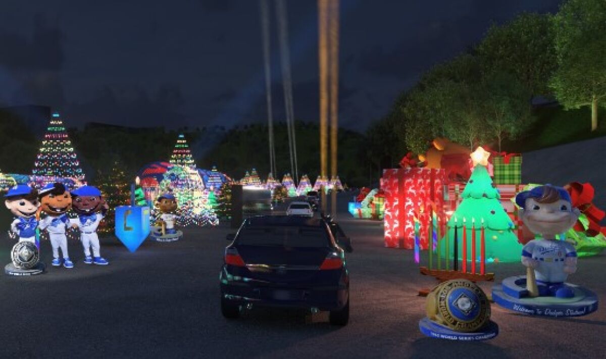 A rendering of the Dodgers drive-through festival with lighted trees, big gift boxes, standing figures in Dodger uniforms.