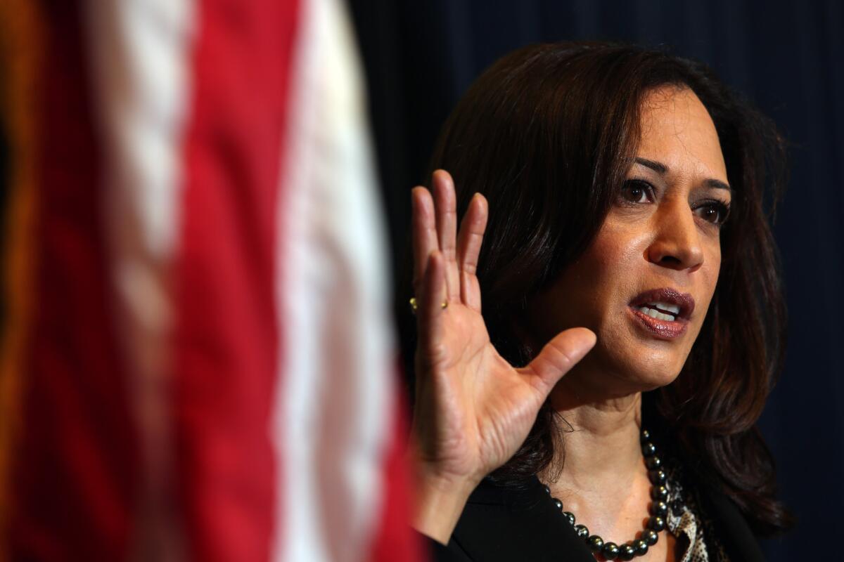 Atty. Gen. Kamala D. Harris addresses a press conference held in February to discuss the verdict in a cyber exploitation trial in San Diego.