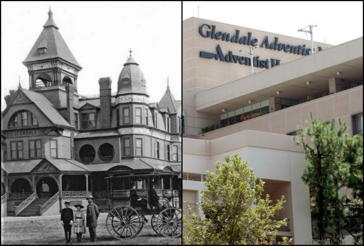 This side-by-side image shows the Glendale Hotel on the right, which was converted to the Glendale Sanitarium in 1905, next to the Glendale Adventist Medical Center, photographed on Friday, August 21, 2015.