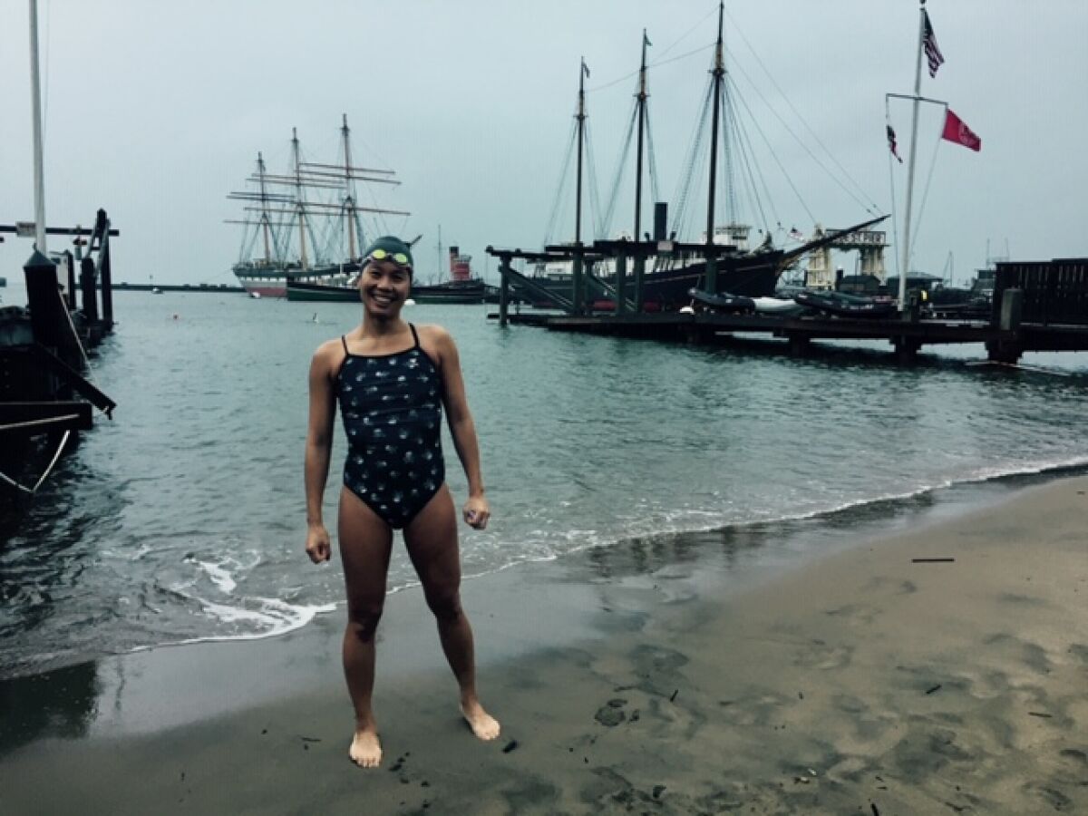 "Why We Swim" author Bonnie Tsui after swimming in San Francisco Bay without a wetsuit.