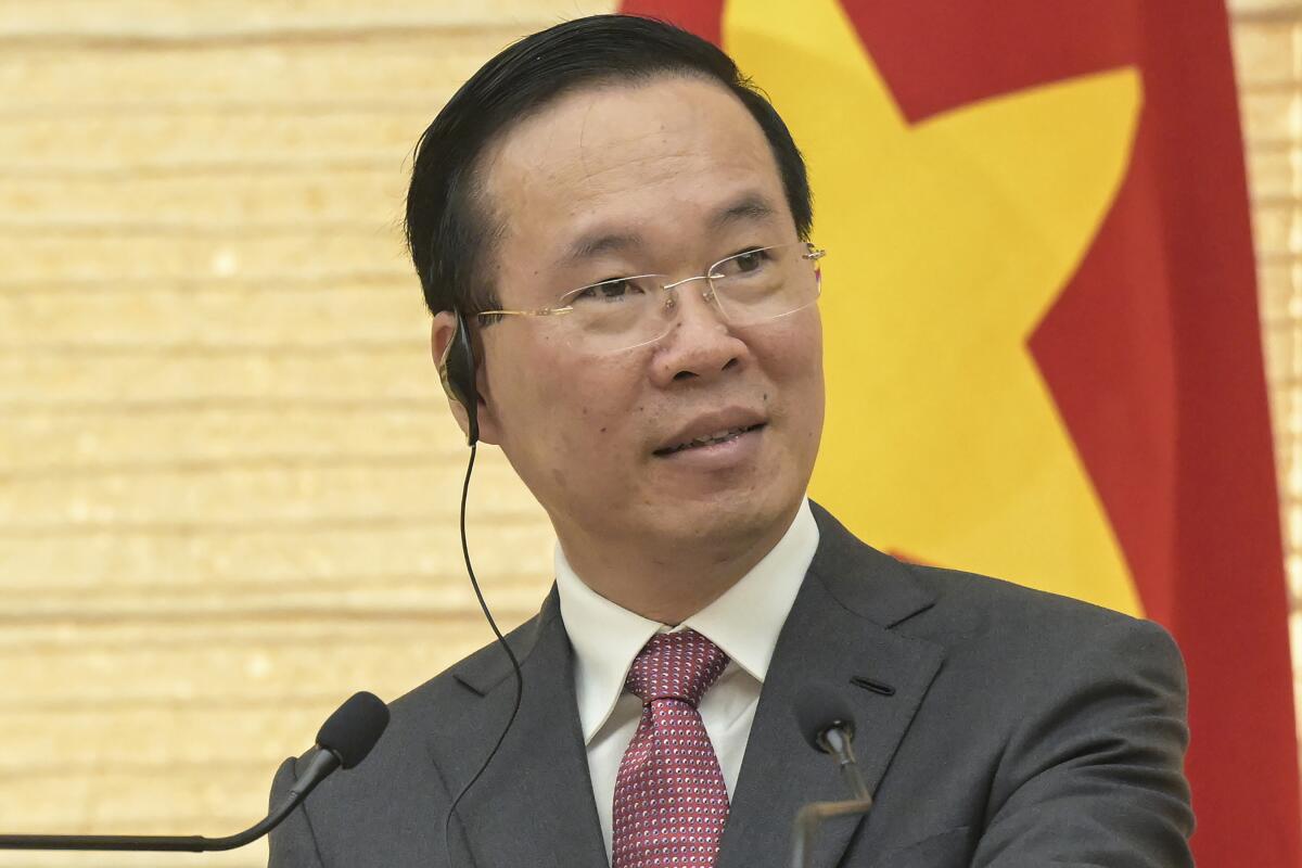 Vietnam's President Vo Van Thuong addresses the media during a news conference 