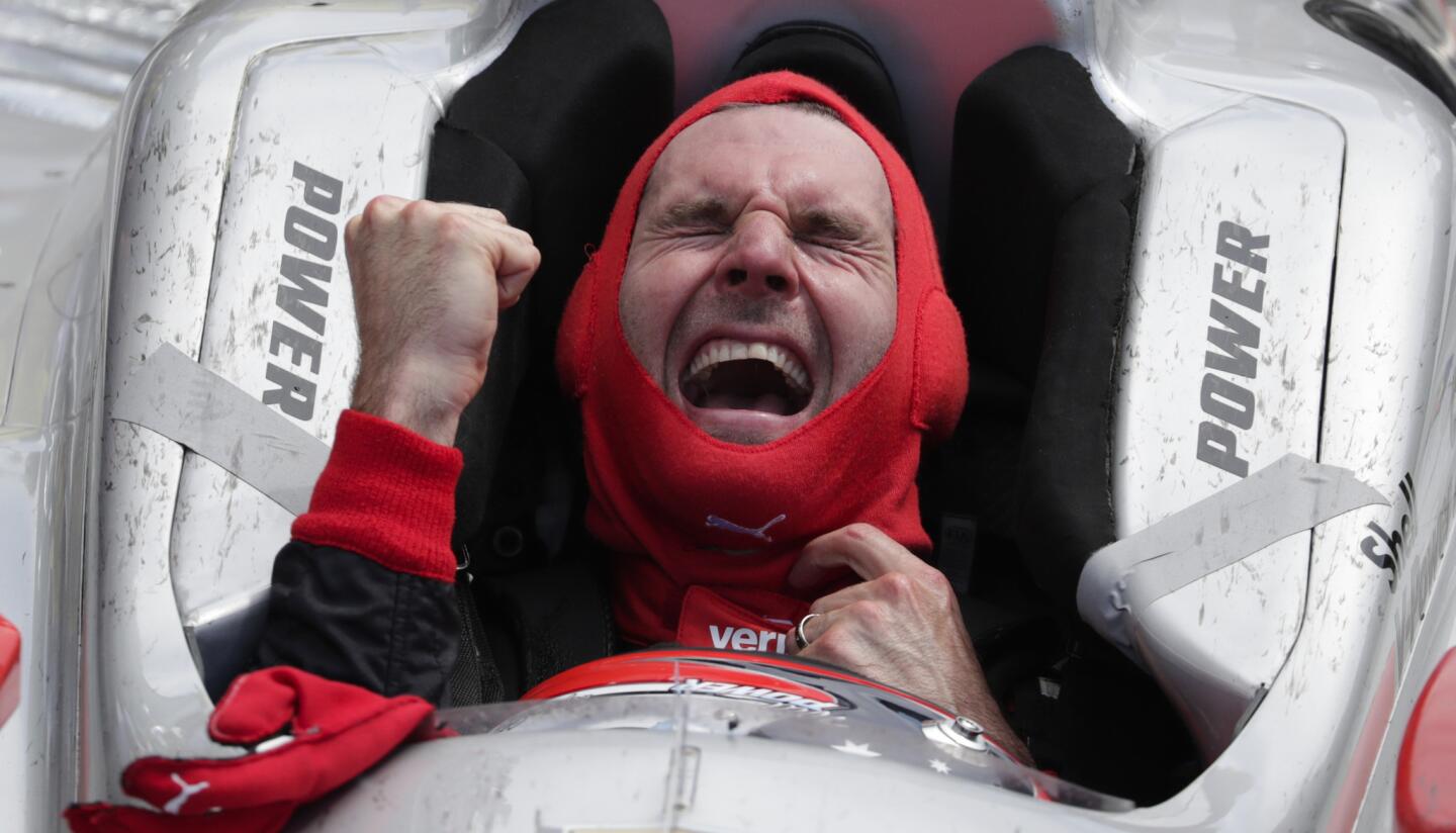 Will Power begins to celebrate after pulling into Victory Lane at the Indianapolis 500 on Sunday.