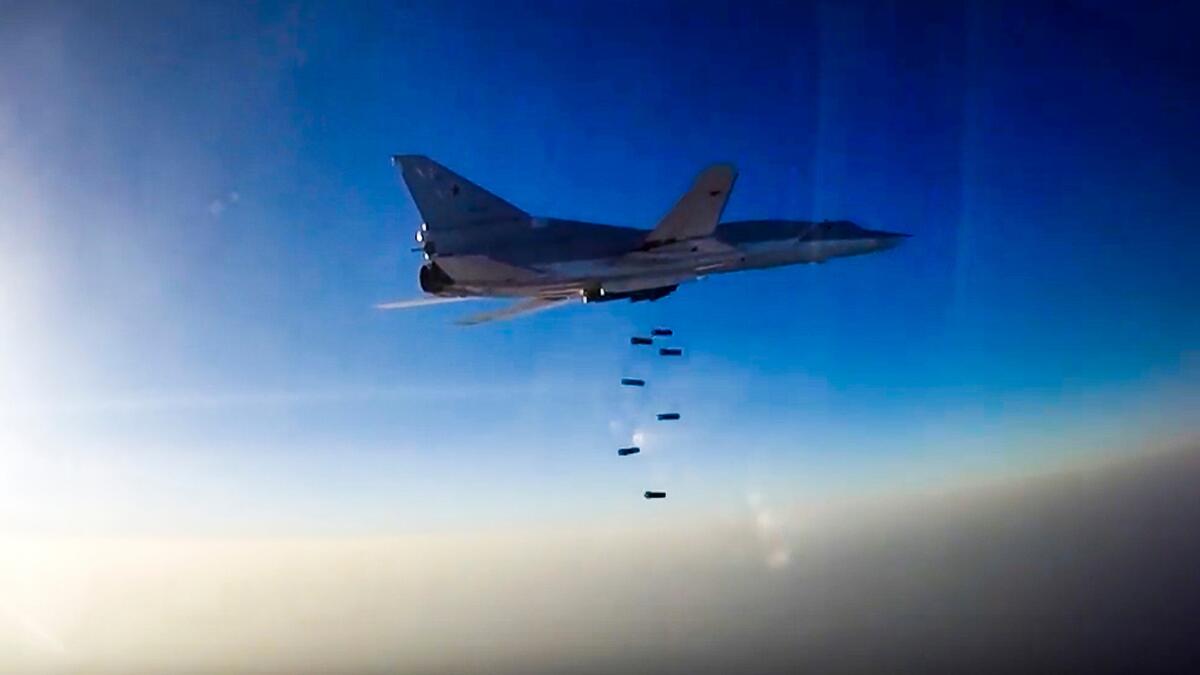 A Russian long-range bomber flies during an airstrike over the Aleppo region of Syria.