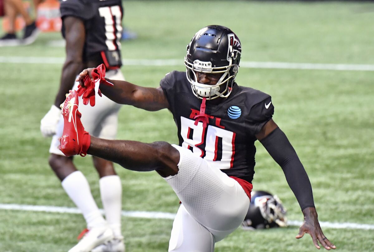 Atlanta Falcons wide receiver Laquon Treadwell (80) gets loose for a scrimmage during an NFL football training camp practice Thursday, Sept. 3, 2020, in Atlanta. (Hyosub Shin/Atlanta Journal-Constitution via AP)