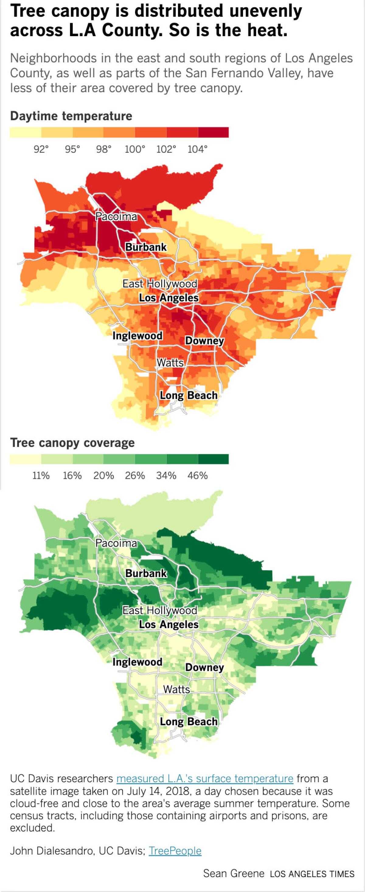 Maps showing the differences in daytime temperature and tree canopy coverage in L.A. County.