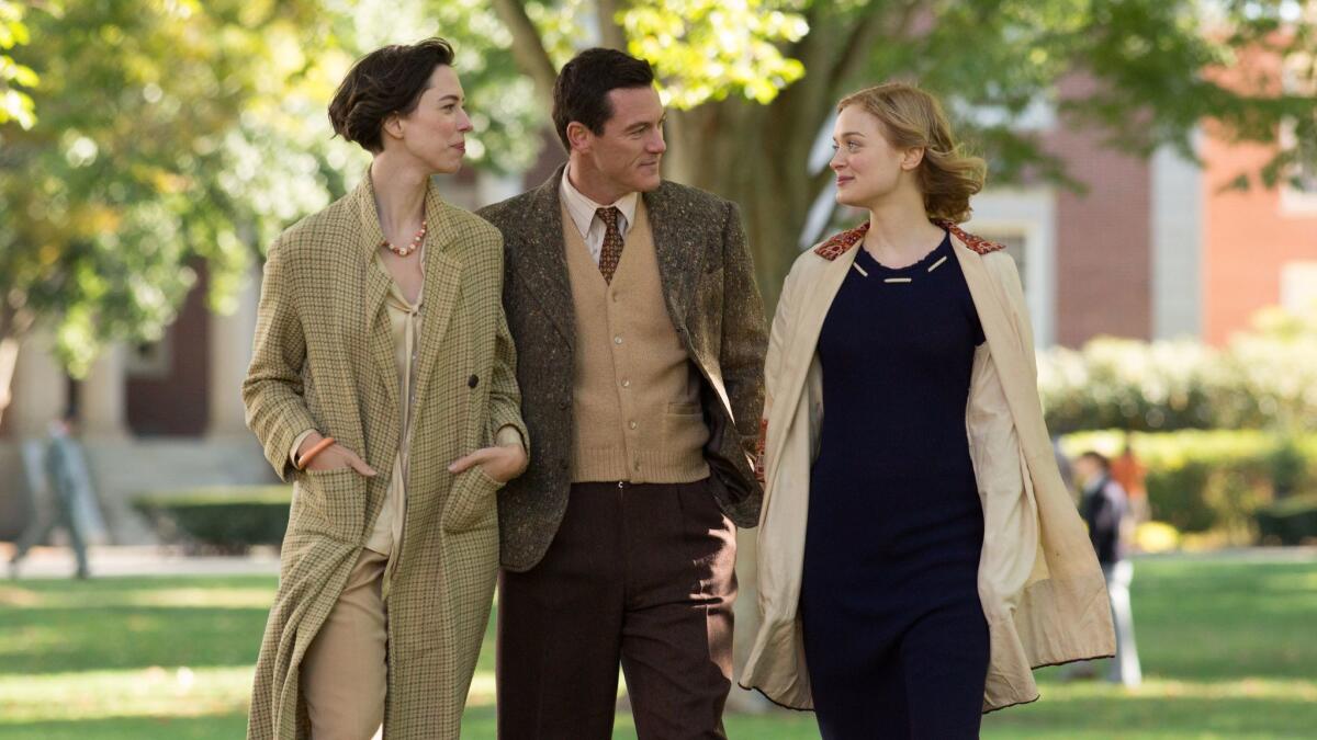 Rebecca Hall, left, stars as Elizabeth Marston, Luke Evans as William Marston and Bella Heathcote as Olive Byrne in "Professor Marston and the Wonder Women."