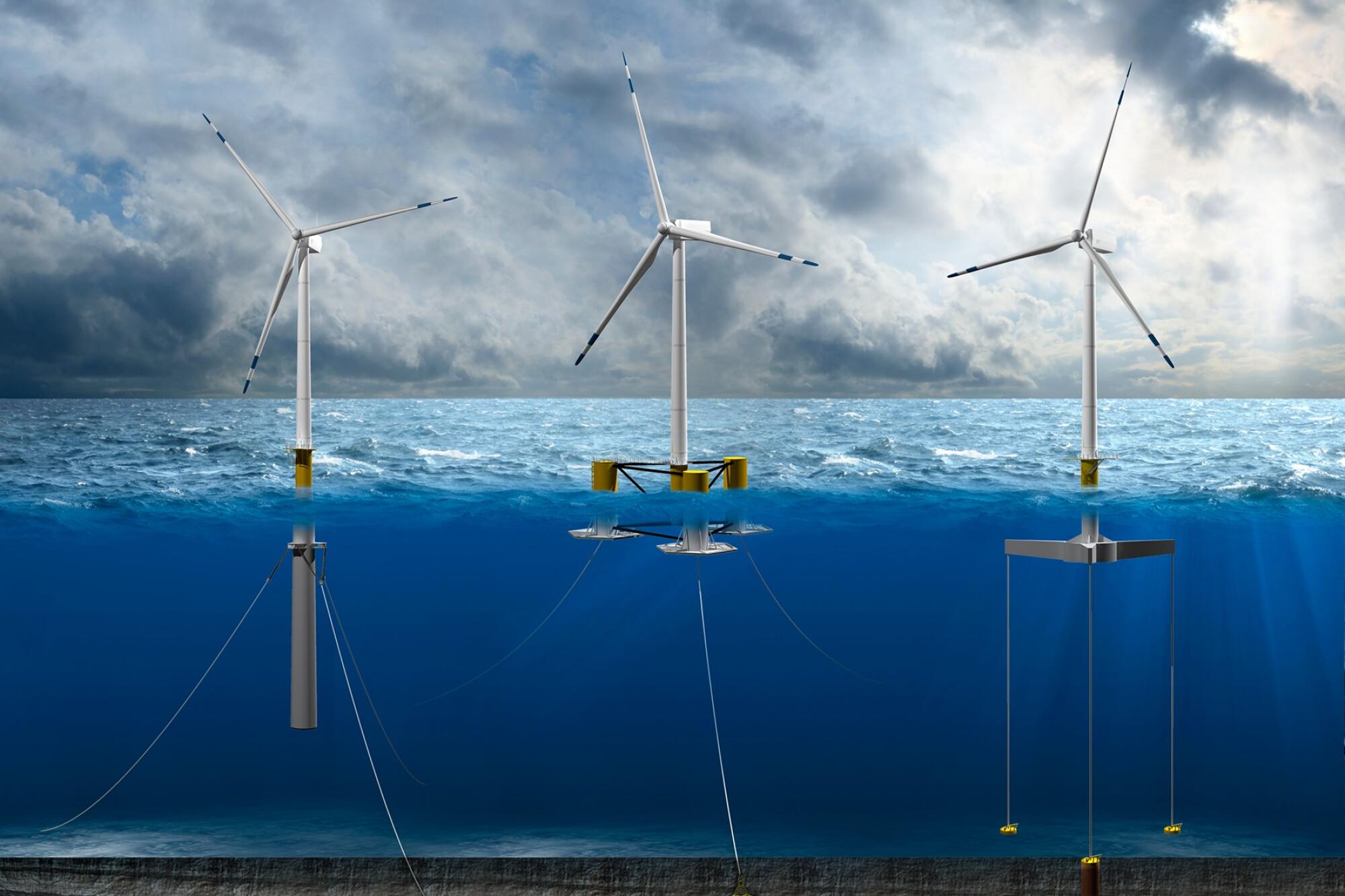 A rendering of the different types of offshore floating  wind turbines. 