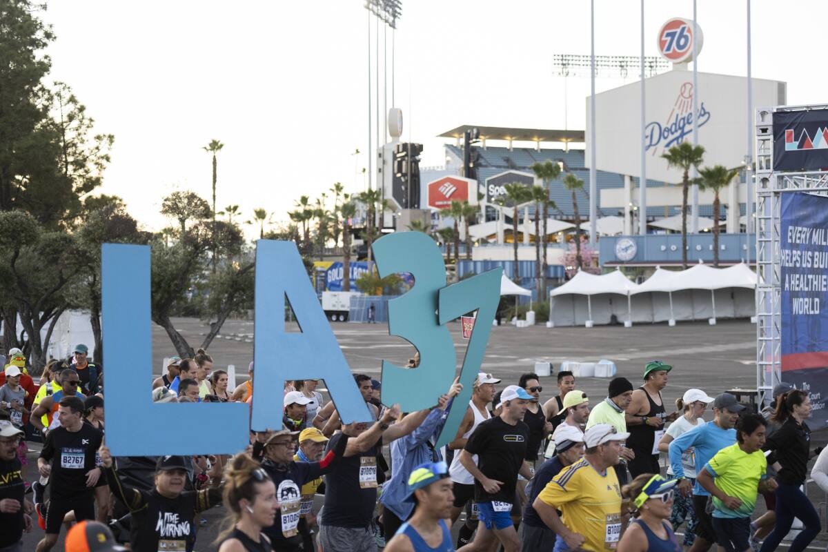 Runners take off during the 37th annual Los Angeles Marathon in Los Angeles.
