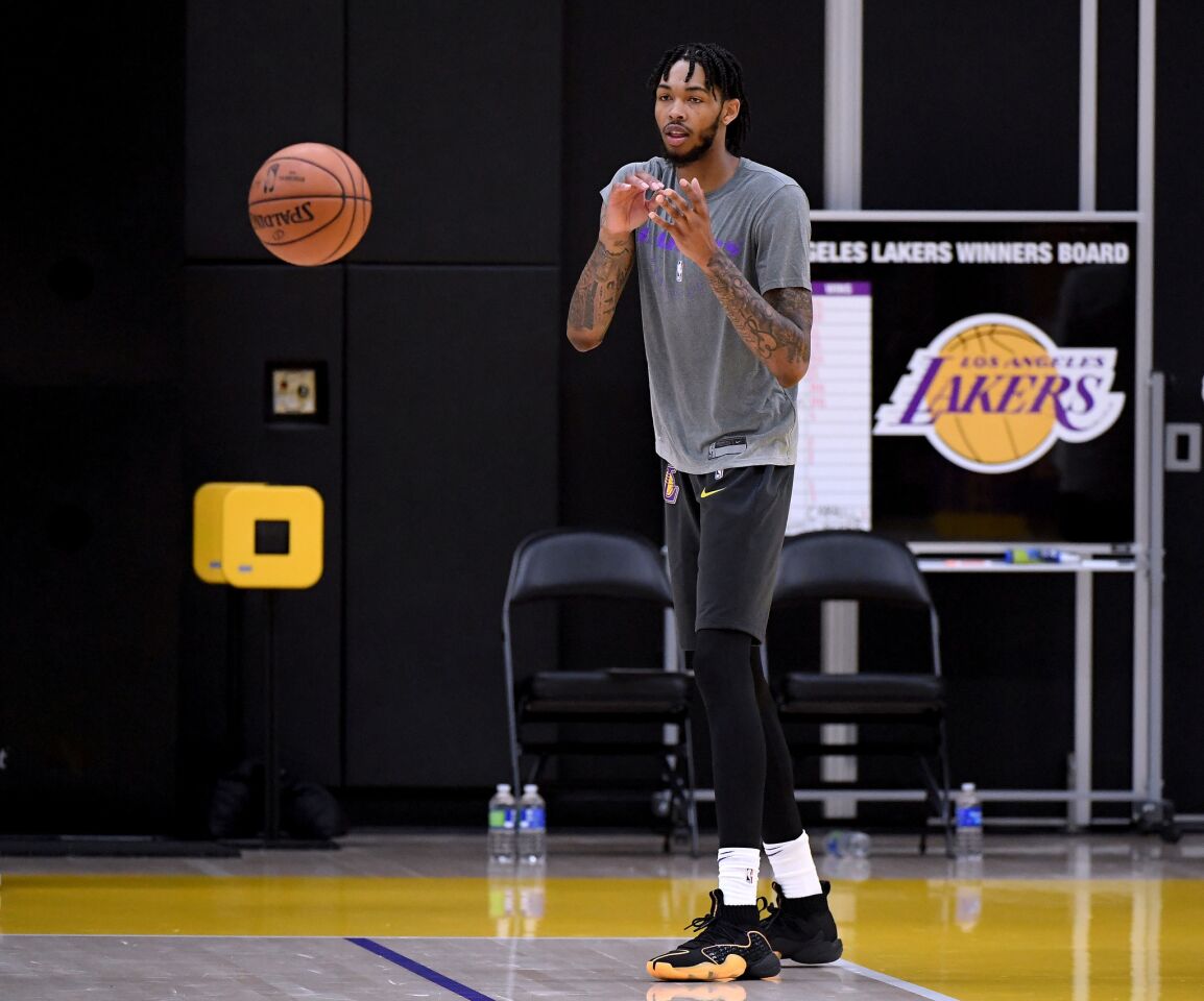 EL SEGUNDO, CA - SEPTEMBER 25: Brandon Ingram of the Los Angeles Lakers takes a pass during a Los Angeles Lakers practice session at the UCLA Health Training Center on September 25, 2018 in El Segundo, California. (Photo by Harry How/Getty Images) ** OUTS - ELSENT, FPG, CM - OUTS * NM, PH, VA if sourced by CT, LA or MoD **