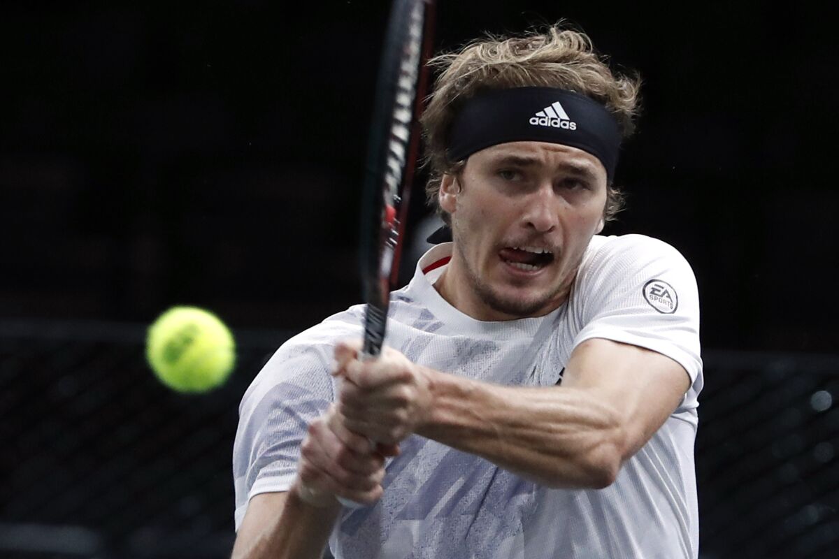 Alexander Zverev hits a return during his victory over Rafael Nadal in the Paris Masters semifinals on Saturday.