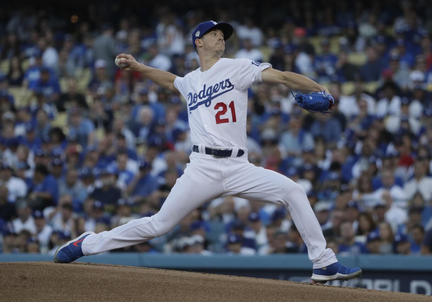 Dodger starting pitcher Walker Buechler throws in the first nning of Game 3 of the World Series at Dodger Stadium on Friday.