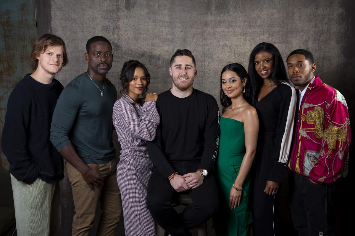 Actors Lucas Hedges, left, Sterling K. Brown and Taylor Russell, director Trey Edward Shults, and actors Alexa Demi, Renée Elise Goldsberry and Kelvin Harrison Jr., from the film "Waves," photographed in the L.A. Times Photo Studio at the Toronto International Film Festival on Sept. 20.