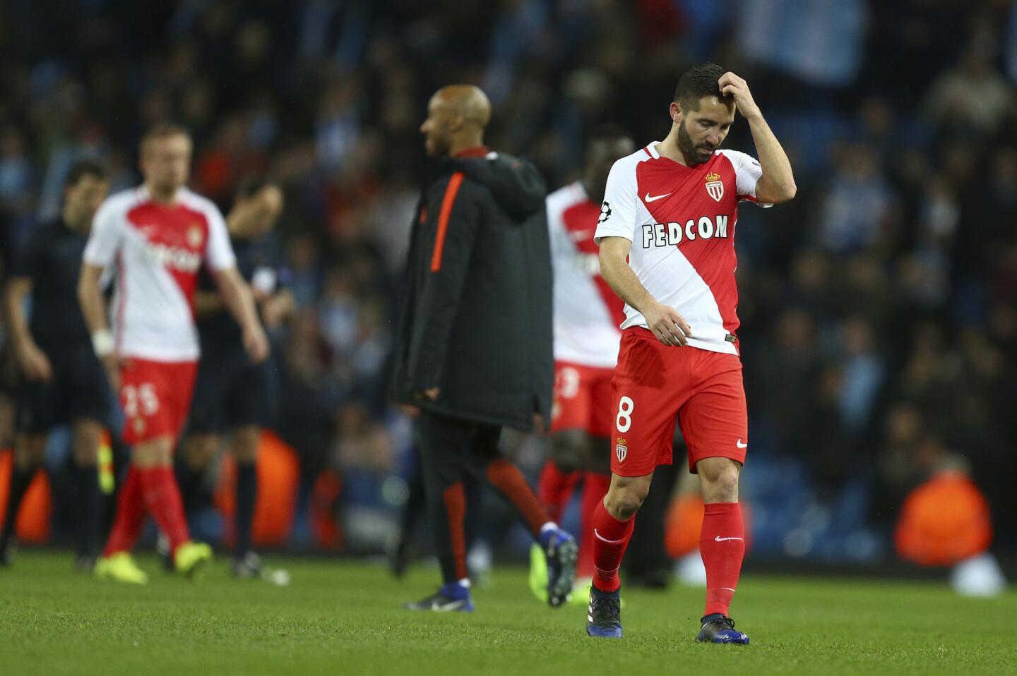Monaco's Joao Moutinho reacts after the Champions League round of 16 first leg soccer match between Manchester City and Monaco at the Etihad Stadium in Manchester, England, Tuesday Feb. 21, 2017. Manchester City won the match 5-3. (AP Photo/Dave Thompson)