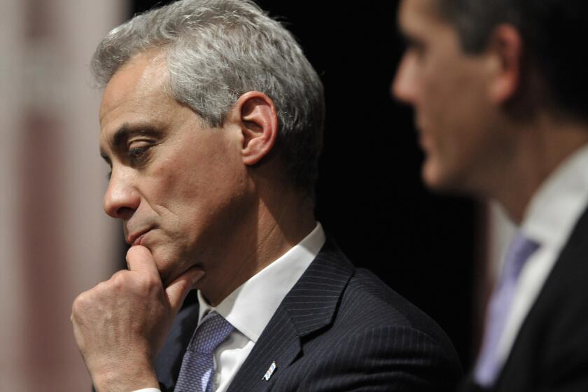 Chicago Mayor Rahm Emanuel, left, and L.A. Mayor Eric Garcetti, shown together in April, have made a wager on their cities' hockey teams.