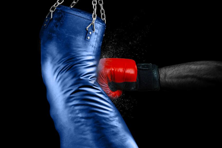 photo illustration of a blue heavy bag being punched by a red boxing glove