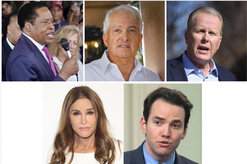 Candidates running to replace Gov. Gavin Newsom in the recall election include, clockwise from top left: Larry Elder, businessman John Cox, former San Diego Mayor Kevin Faulconer, Assemblyman Kevin Kiley, and Caitlyn Jenner.