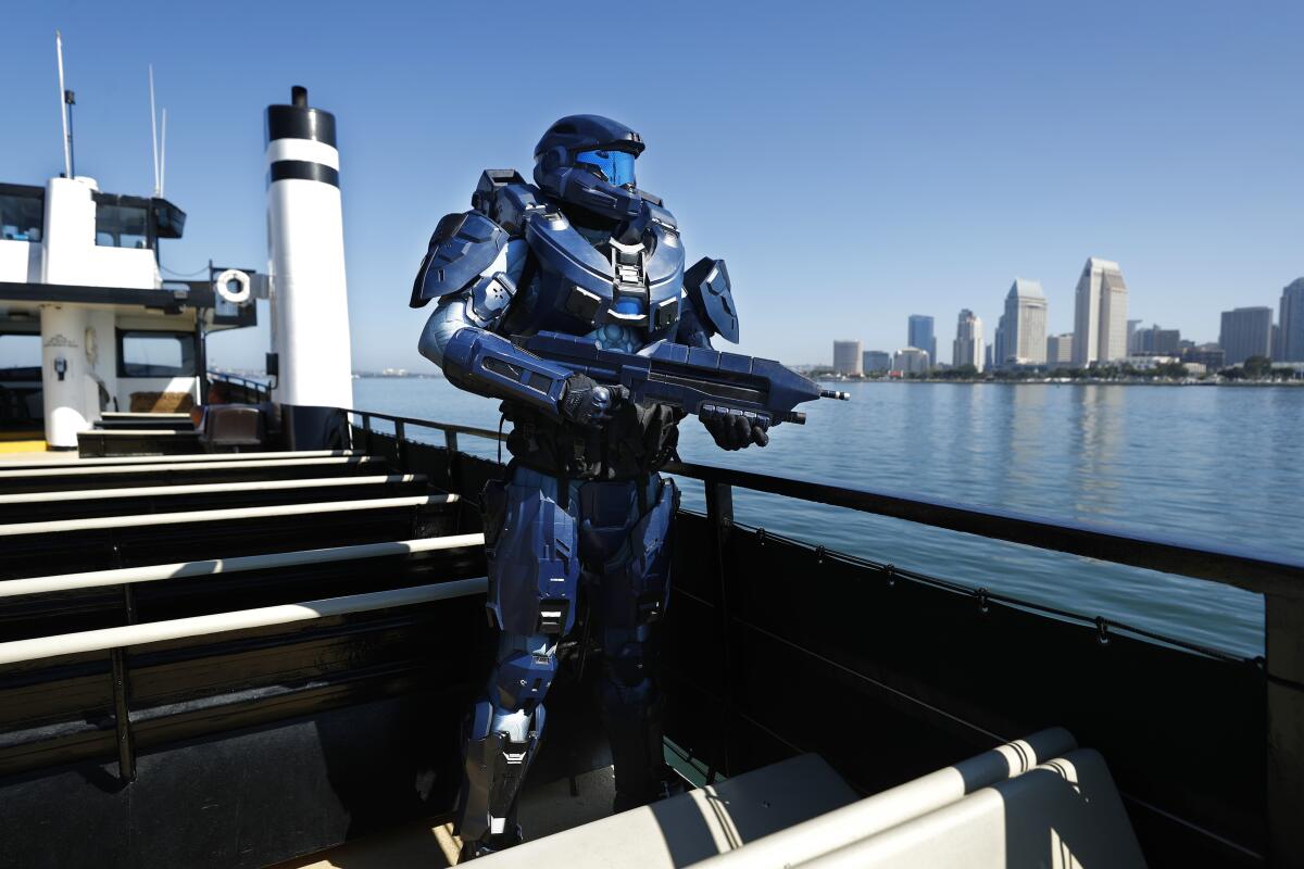 Shane Holly dressed as Spartan 2296 from the video game Halo on board the Flagship Cruises Cabrillo in San Diego Bay.