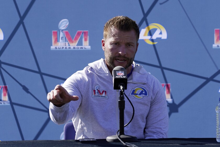Los Angeles Rams head coach Sean McVay speaks during a media availability for an NFL Super Bowl football game Friday, Feb. 11, 2022, in Thousand Oaks, Calif. The Rams are scheduled to play the Cincinnati Bengals in the Super Bowl on Sunday. (AP Photo/Mark J. Terrill)