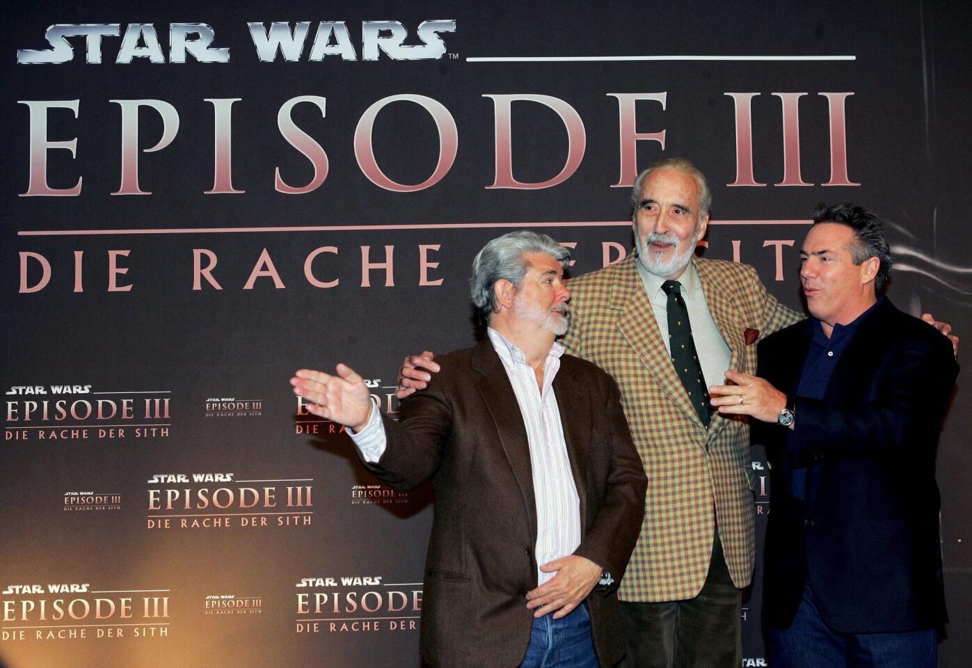 Director George Lucas, actor Christopher Lee and producer Rick McCallum at a press event for 2005's "Star Wars: Episode III -- Revenge of the Sith."
