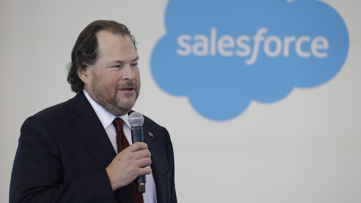 Salesforce CEO Marc Benioff speaks during a news conference in Indianapolis in May.