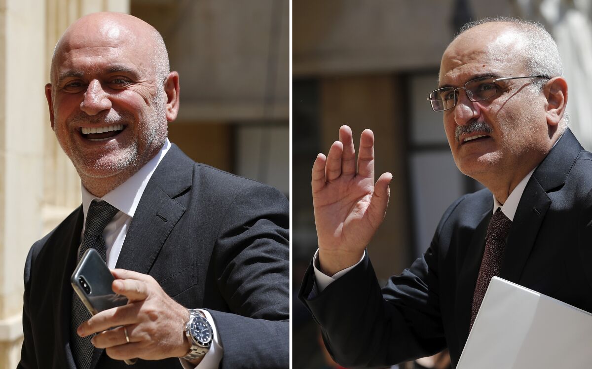 A combo picture shows Lebanese Public Works and Transportation Minister Youssef Fenianos entering parliament in Beirut, Lebanon, May 23, 2018, left, and Lebanese former Finance Minister Ali Hassan Khalil arriving at the parliament, in Beirut, Lebanon, July 16, 2019. The U.S. Treasury on Tuesday, Sept. 8, 2020 sanctioned Fenianos, a senior member of the Christian Marada Movement that is allied with Hezbollah and the Syrian government, and Khalil, currently a member of the Lebanese Parliament, saying they "provided material support to Hezbollah and engaged in corruption.” (AP Photo/Hussein Malla)