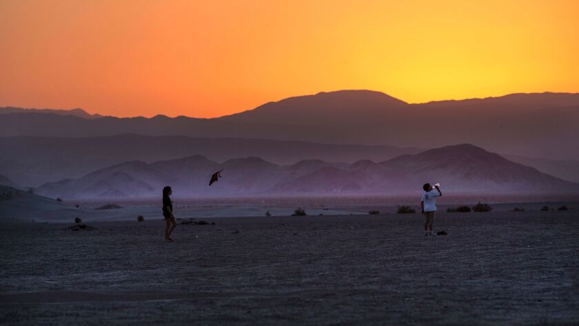 With dusk settling in, children walk back to their family's campsite at the Dumont Dunes in Silurian Valley, Calif. on October 9, 2014.