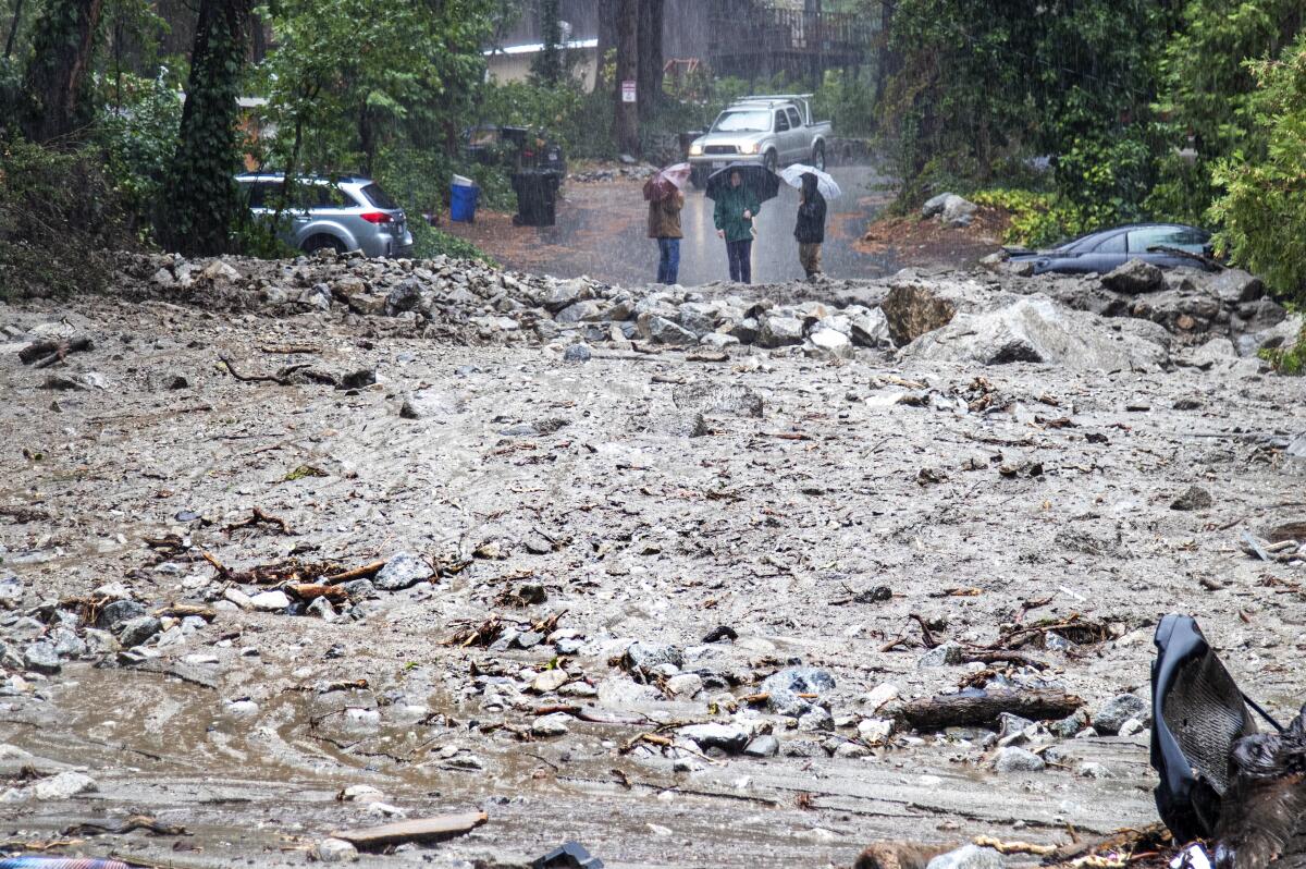 People with umbrellas stand next to mud, rocks and debris blocking a road.