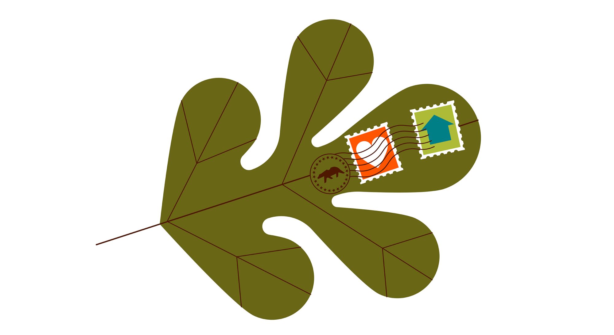 Close up illustration of a leaf with postage stamps affixed.